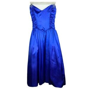 Gunne Sax Jessica McClintock Vintage Strapless Blue Satin A Line Flare Dress 5 6